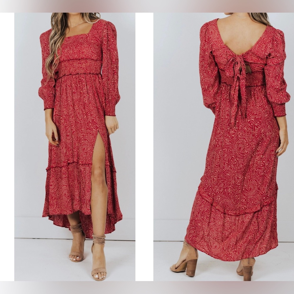 Angie Boho Red Natural Leaf Printed Long Sleeve Maxi Dress w/ Side Slit Coastal